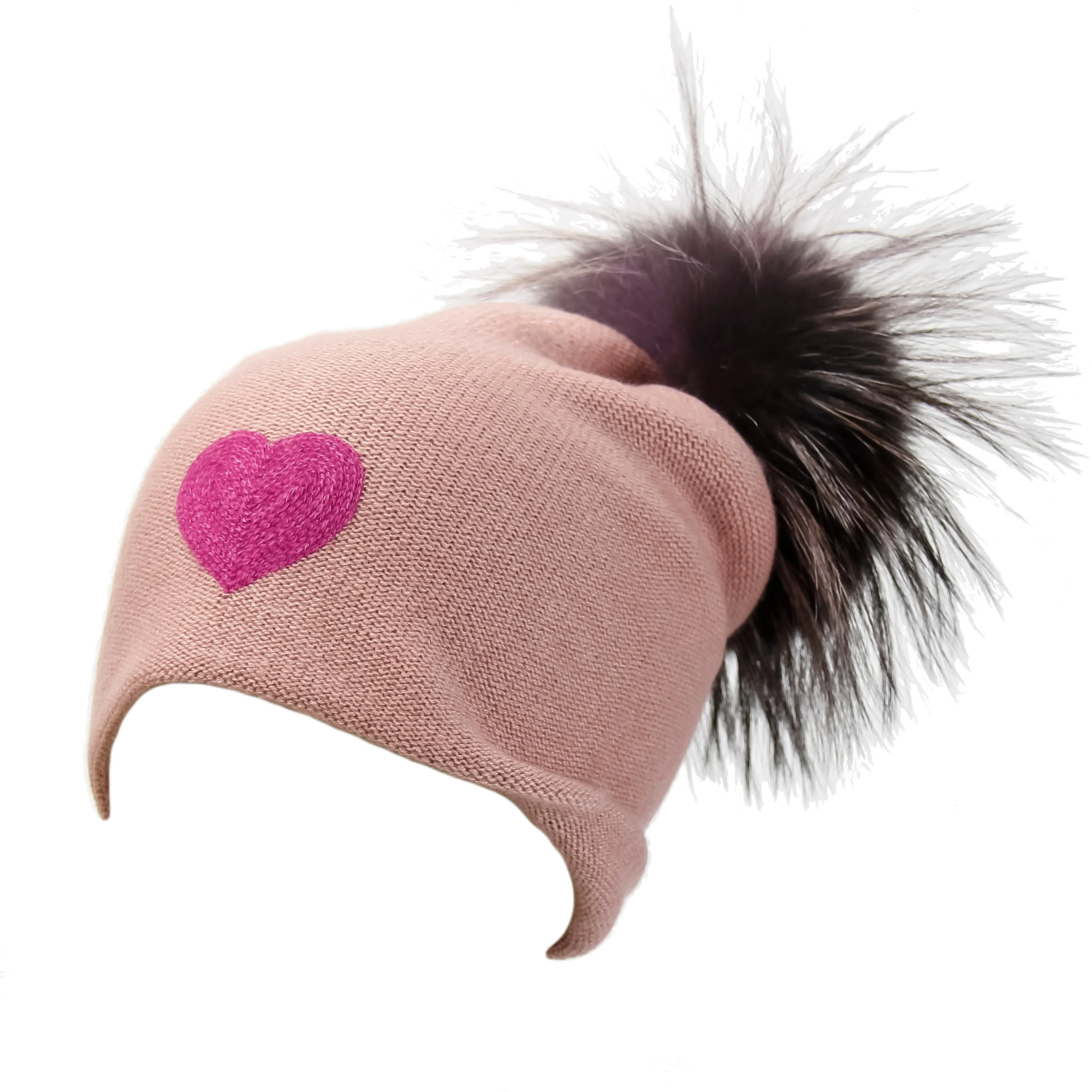 Reversible Slouchy Rose Cashmere Hat with Pink Heart and Fancy Lilac Pom-Pom