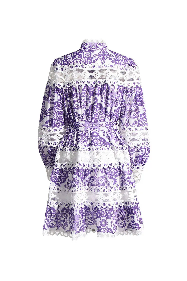 Romantic Floral Scalloped Lace Cutout Bishop Sleeve Belted Mini Shirt Dress