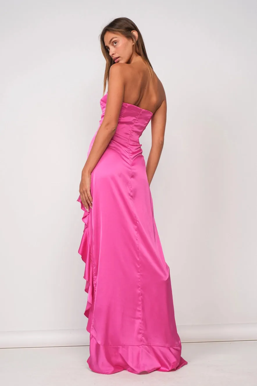 Ruffle Bottom Satin Maxi Dress in Pink