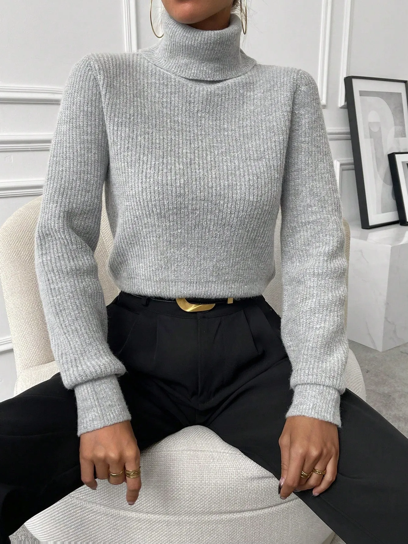 SHEIN Privé Turtleneck Ribbed Knit Turtleneck Sweater