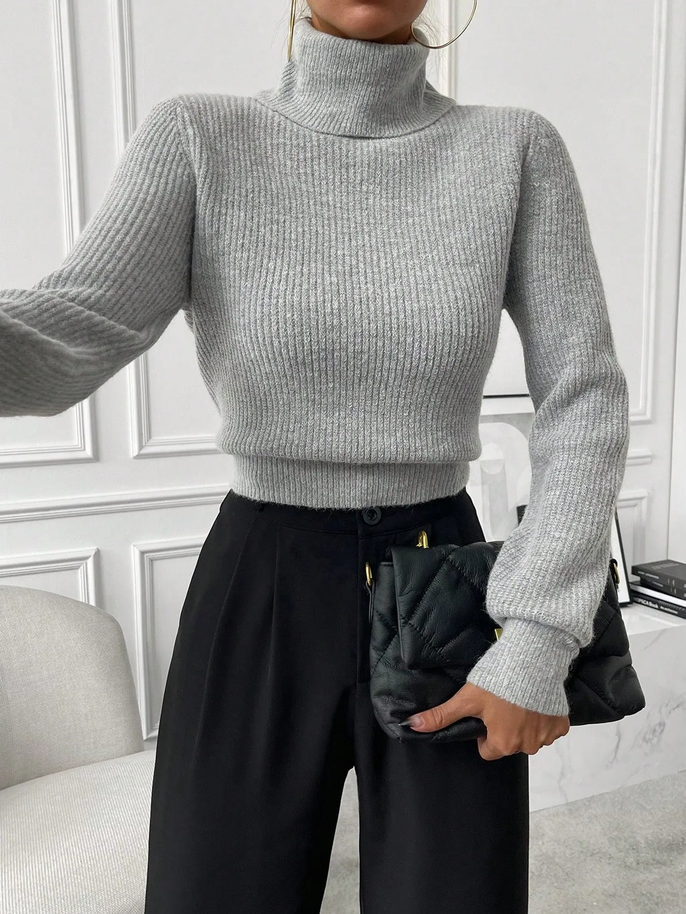 SHEIN Privé Turtleneck Ribbed Knit Turtleneck Sweater