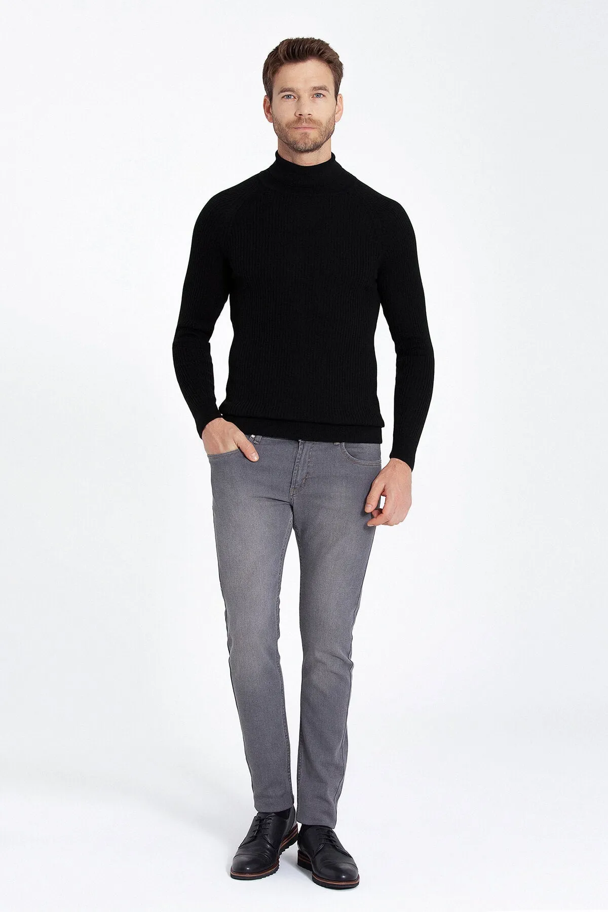 Slim Fit Patterned Gray Turtleneck Sweater, Black