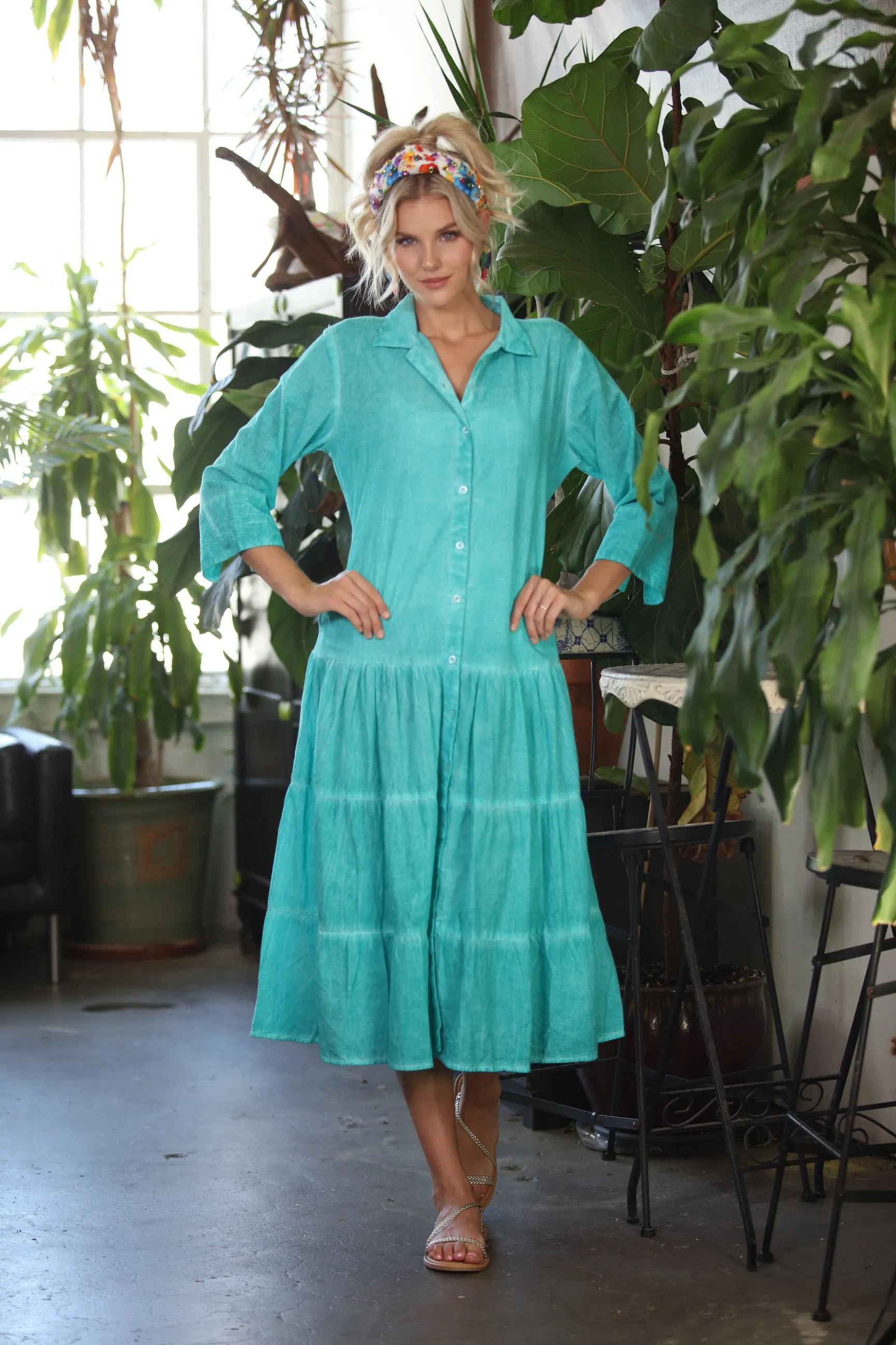 Solid Bright Teal KikiSol Button Down Maxi Dress