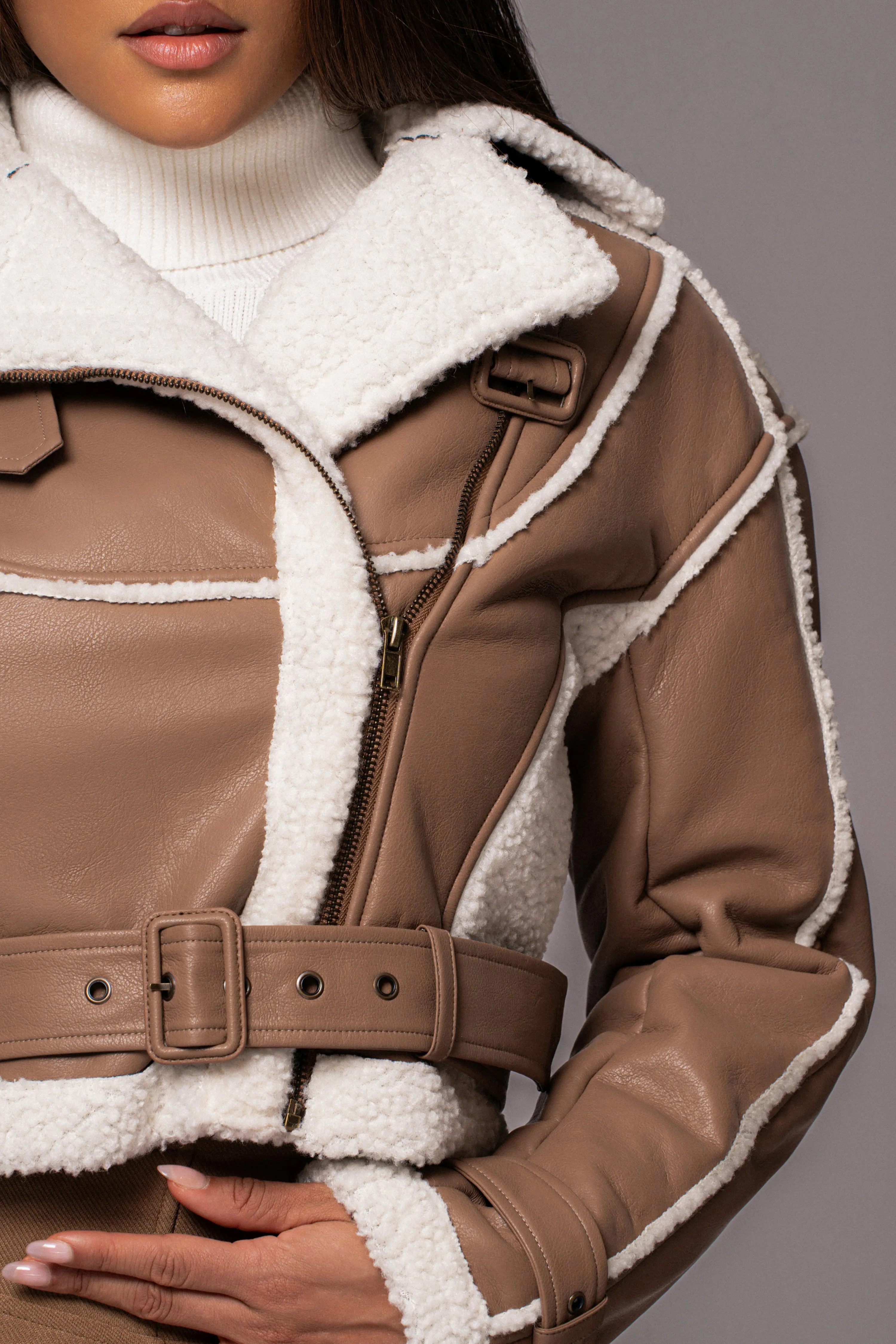 Tan Faux Leather Sherpa Jacket