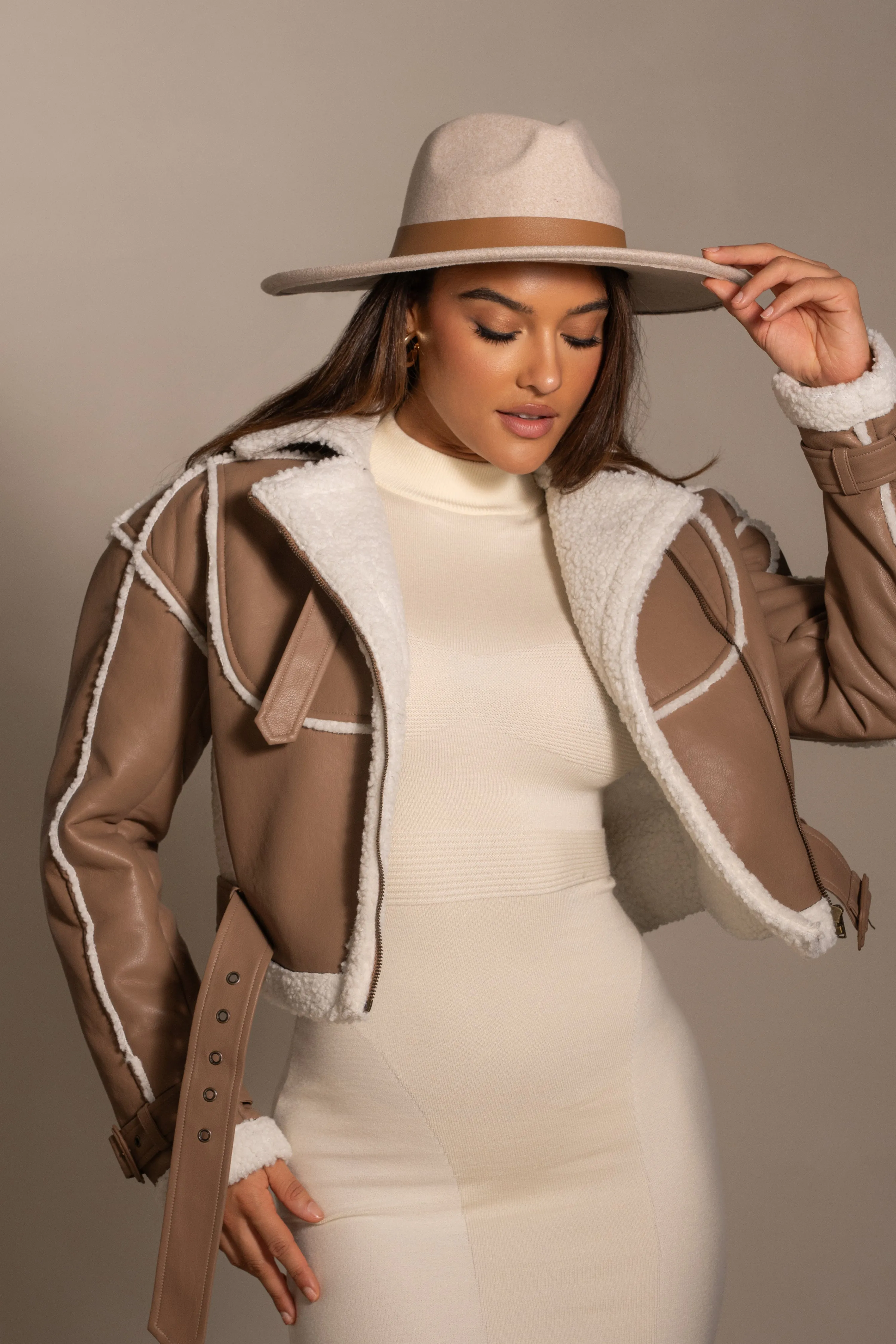 Tan Faux Leather Sherpa Jacket