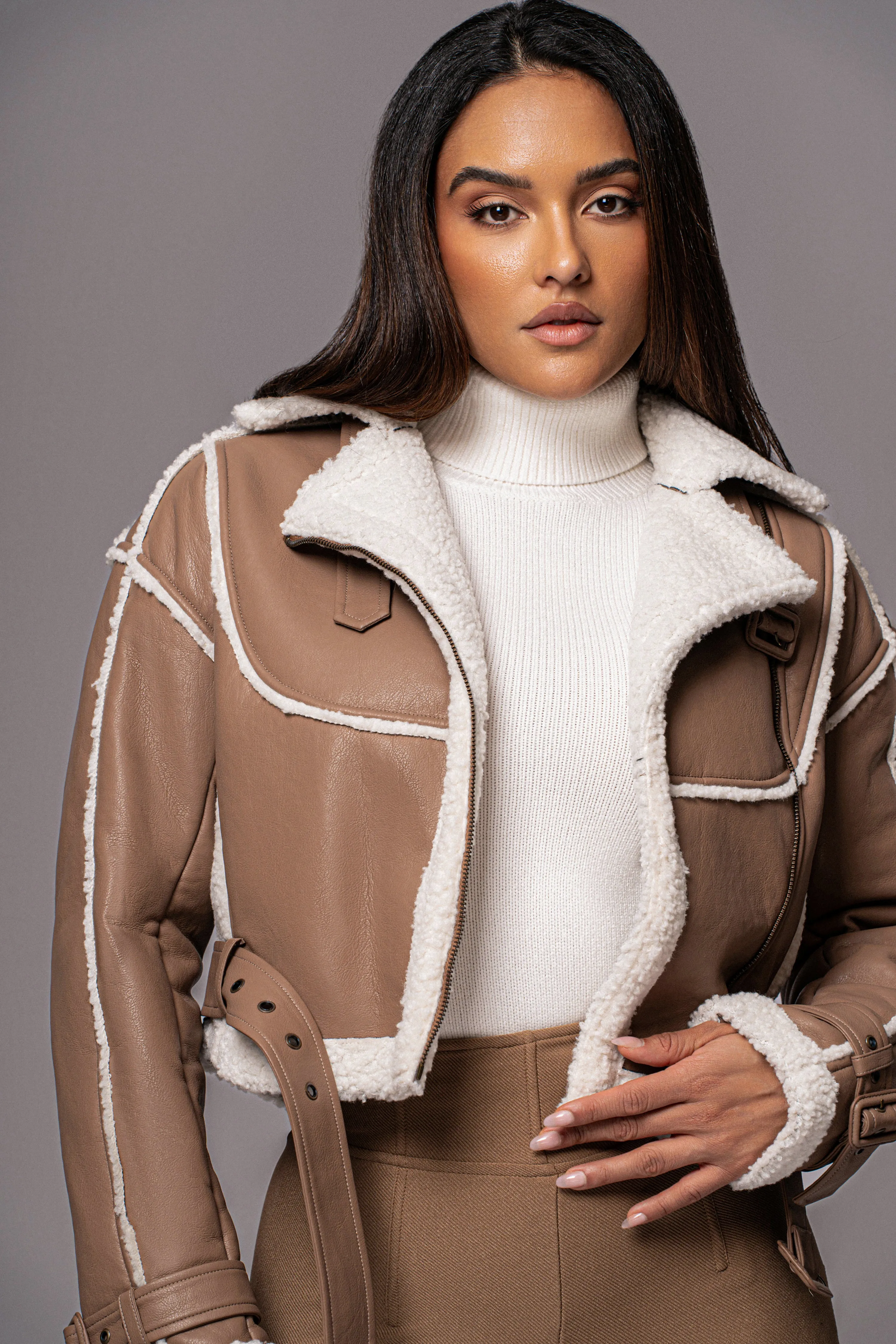 Tan Faux Leather Sherpa Jacket