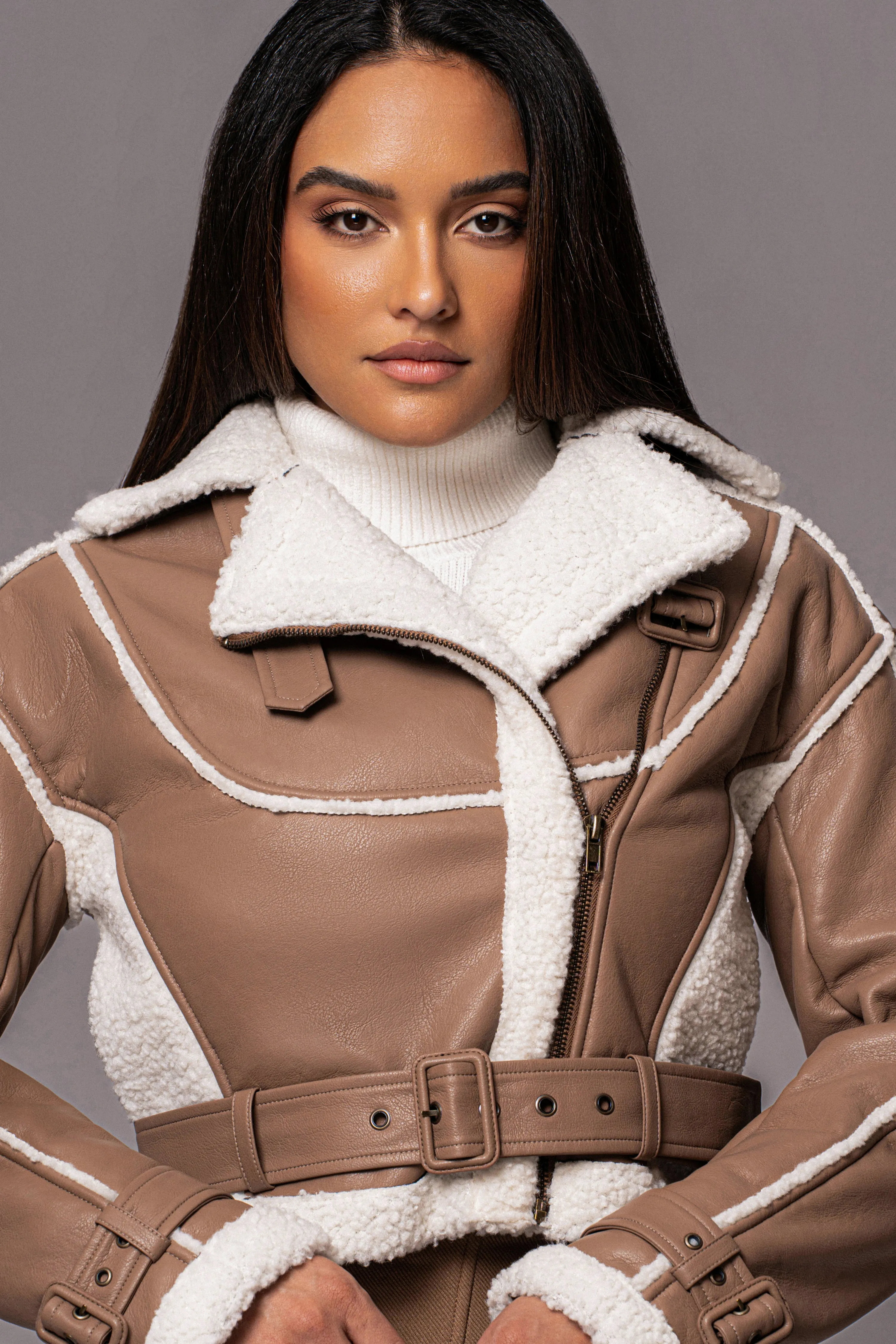 Tan Faux Leather Sherpa Jacket