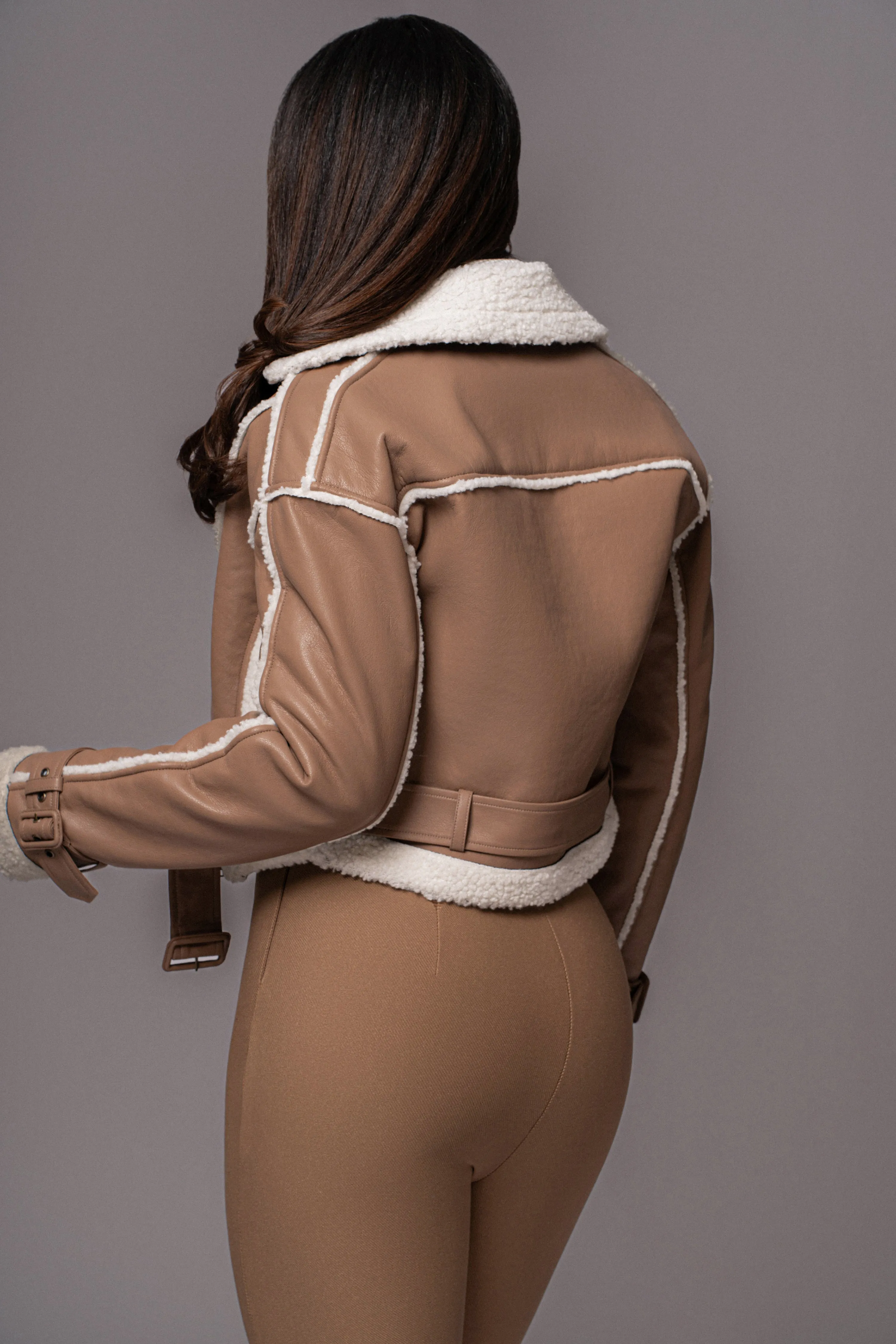 Tan Faux Leather Sherpa Jacket