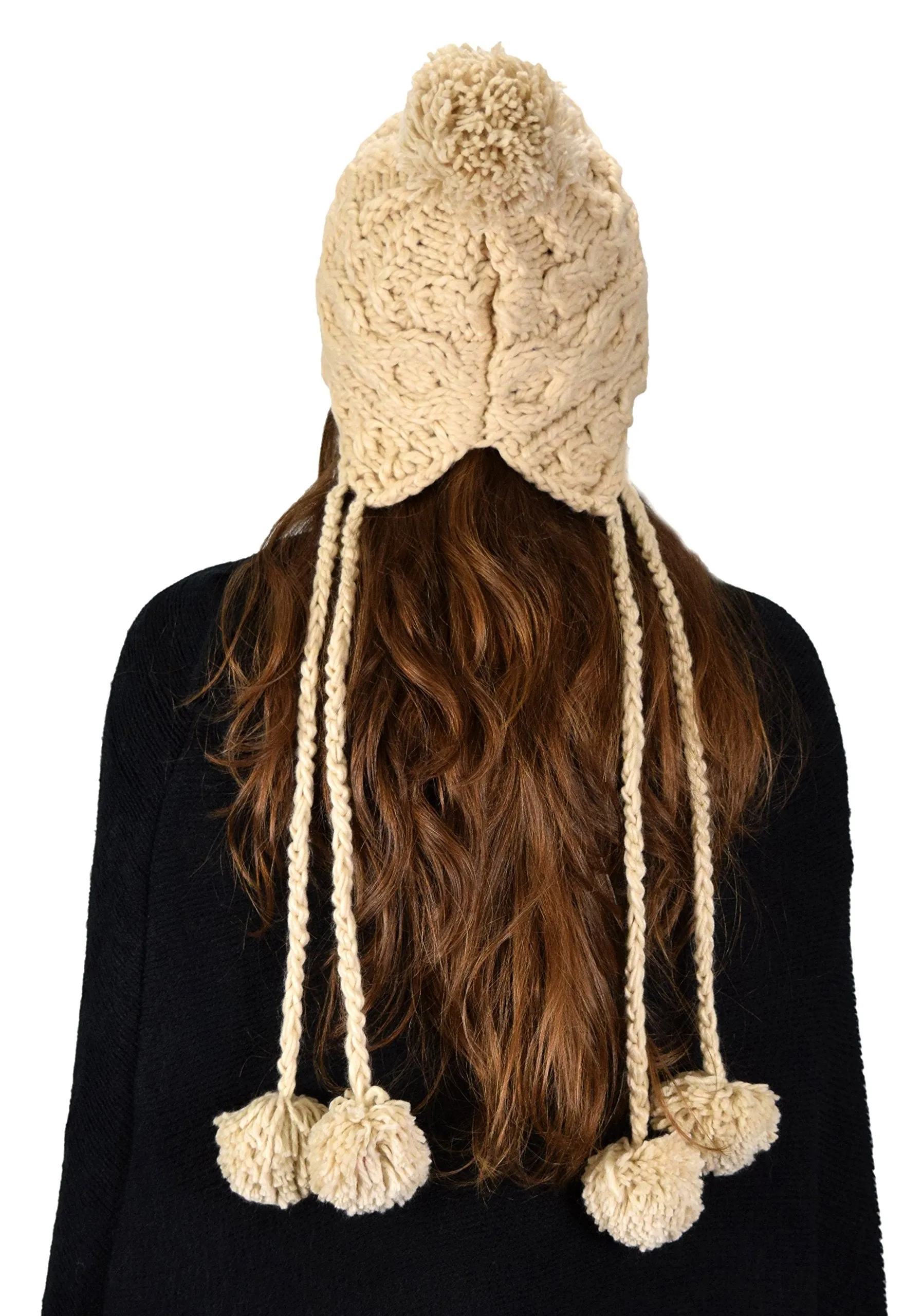 Trendy Knit Solid Colored Trapper Hat with Long Fringe Pom Poms