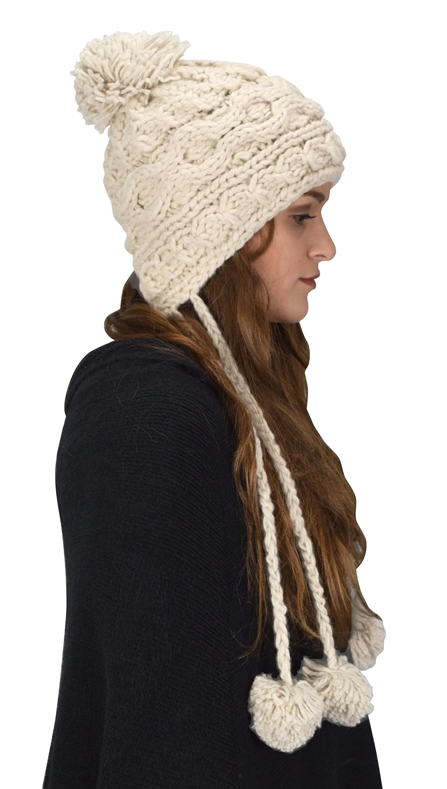 Trendy Knit Solid Colored Trapper Hat with Long Fringe Pom Poms