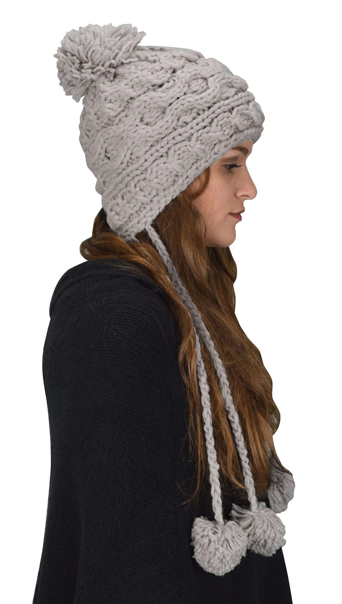 Trendy Knit Solid Colored Trapper Hat with Long Fringe Pom Poms