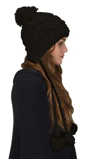 Trendy Knit Solid Colored Trapper Hat with Long Fringe Pom Poms