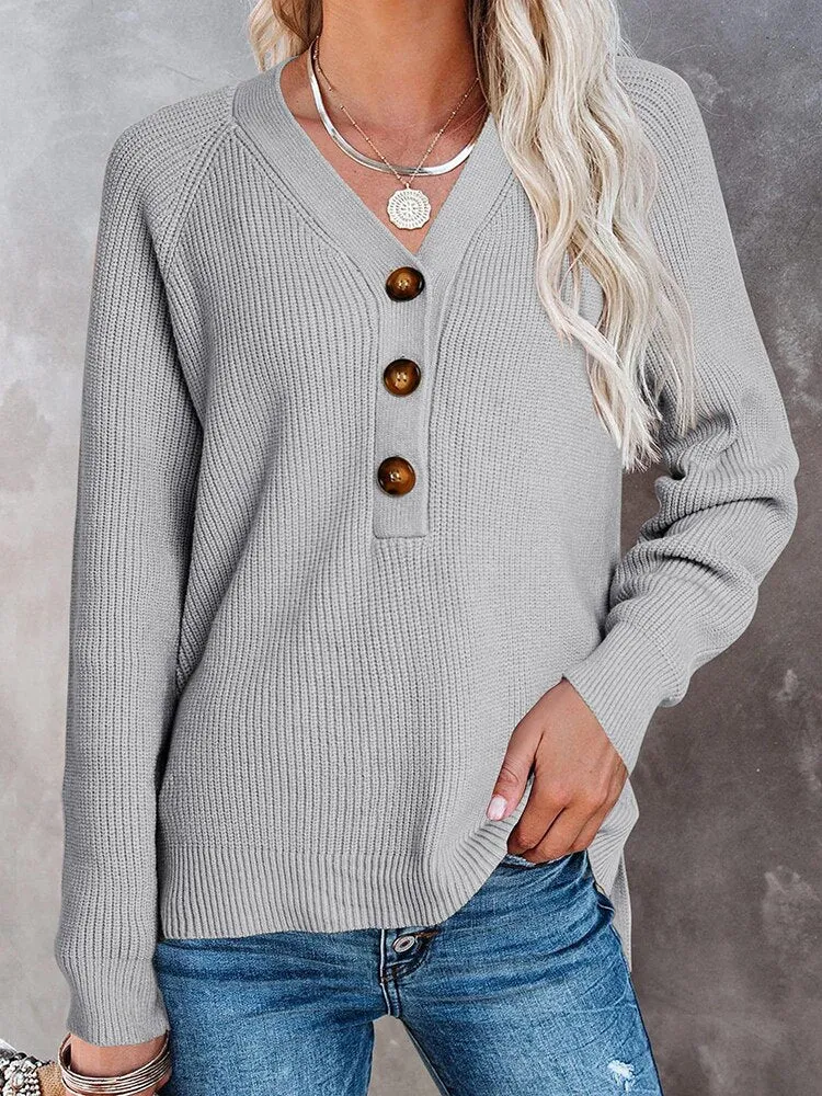 Wenkouban Autumn Winter Button Pullover Casual Loose Women Knitted Sweater Long Sleeve Vintage V Neck Jumper Female Fashion Solid Knitwear