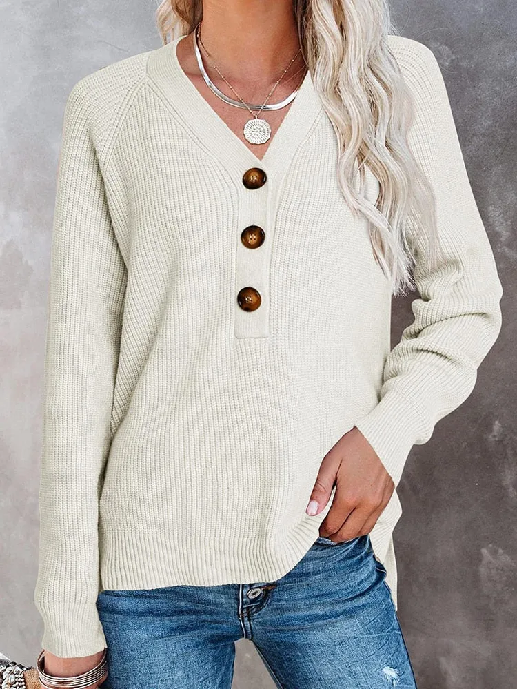 Wenkouban Autumn Winter Button Pullover Casual Loose Women Knitted Sweater Long Sleeve Vintage V Neck Jumper Female Fashion Solid Knitwear