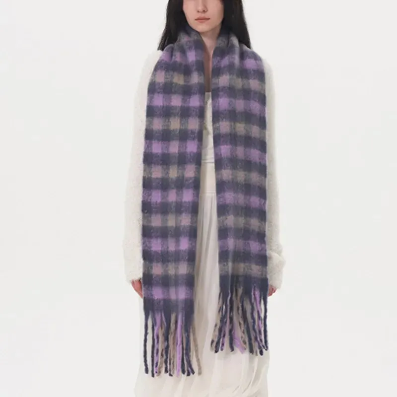 Winter Warm Cashmere Fashion Purple Gray Gradient Plaid Scarf