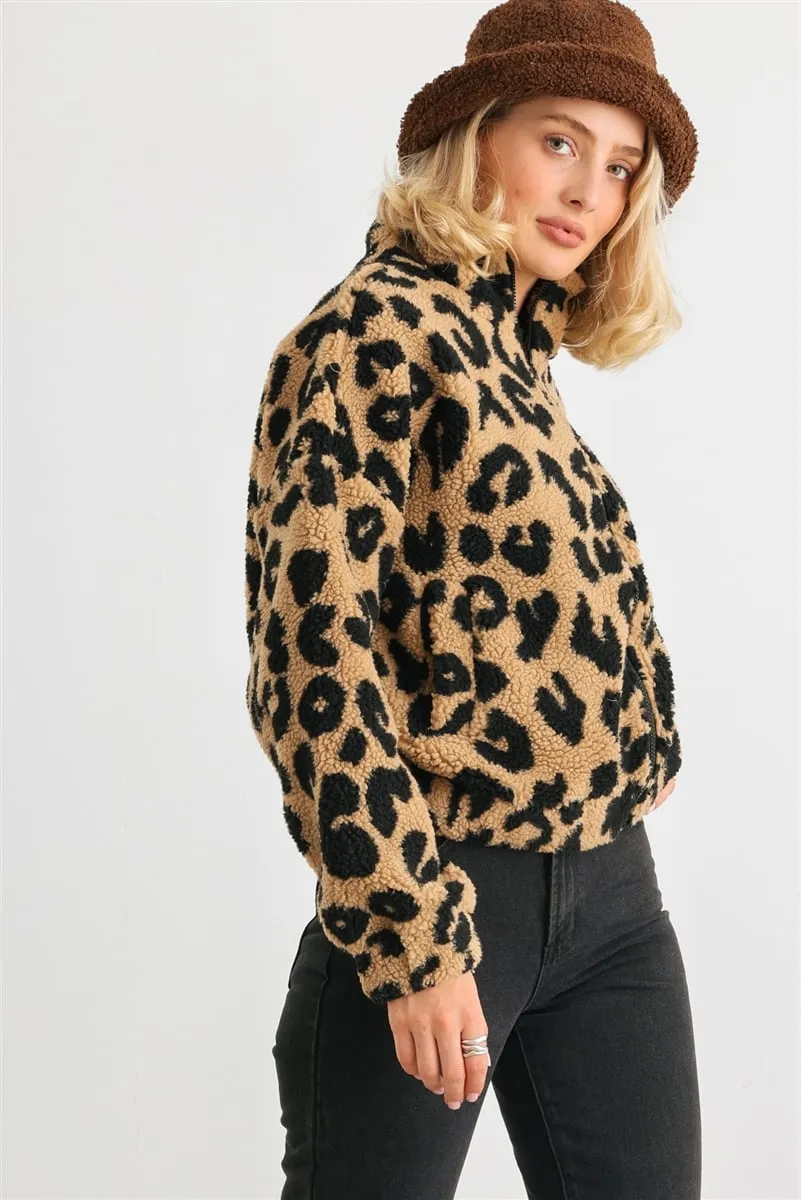 Women's Leopard teddy zip-up two pocket jacket